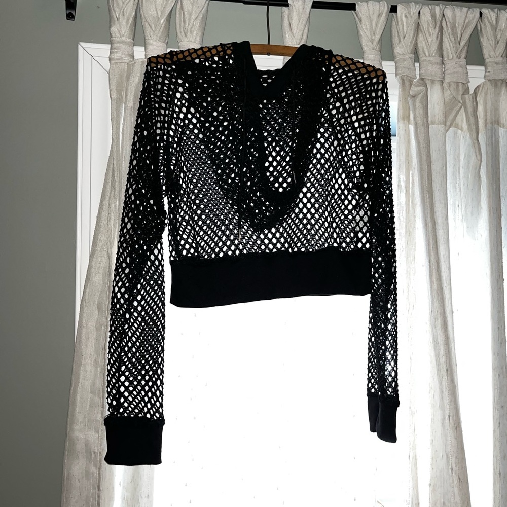 Black, cropped, fishnet style hoodie